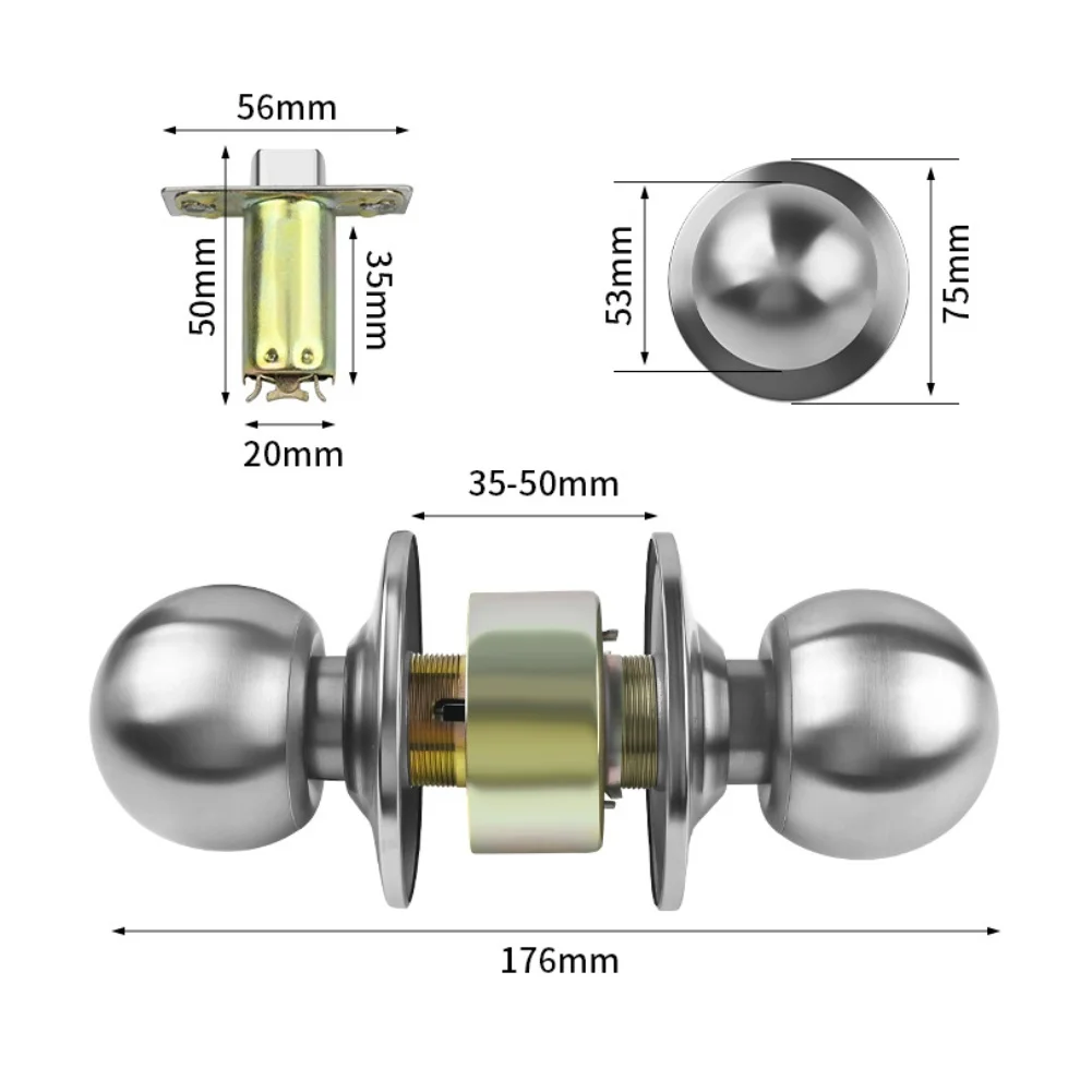 For Interior Door Lock Knob Zinc Alloy Keyless Spherical Handle with Push Button 176mm for Wooden Doors Rust Resistant Build