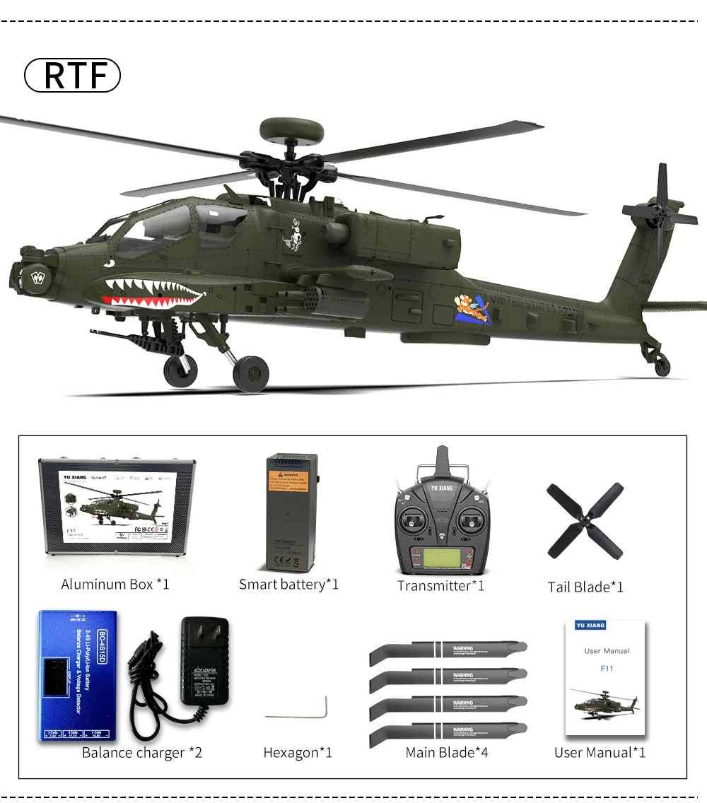 YXZNRC F11 AH-64D Apache RC Helicóptero com Giroscópio de 6 Eixos 2.4G 6CH 1:32 Modelo de Helicóptero RC