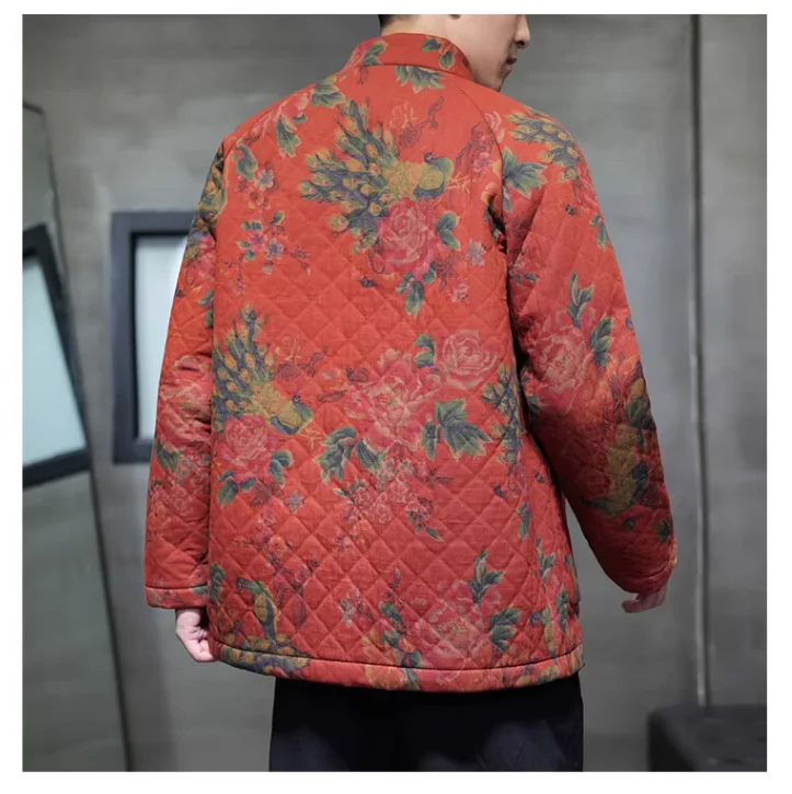 جواكت شتوية للرجل ريترو التقليدية طباعة زهرة تانغ دعوى سترة الرجال الكونغ فو تاي تشي معطف سترات غير رسمية الرجال الملابس #4