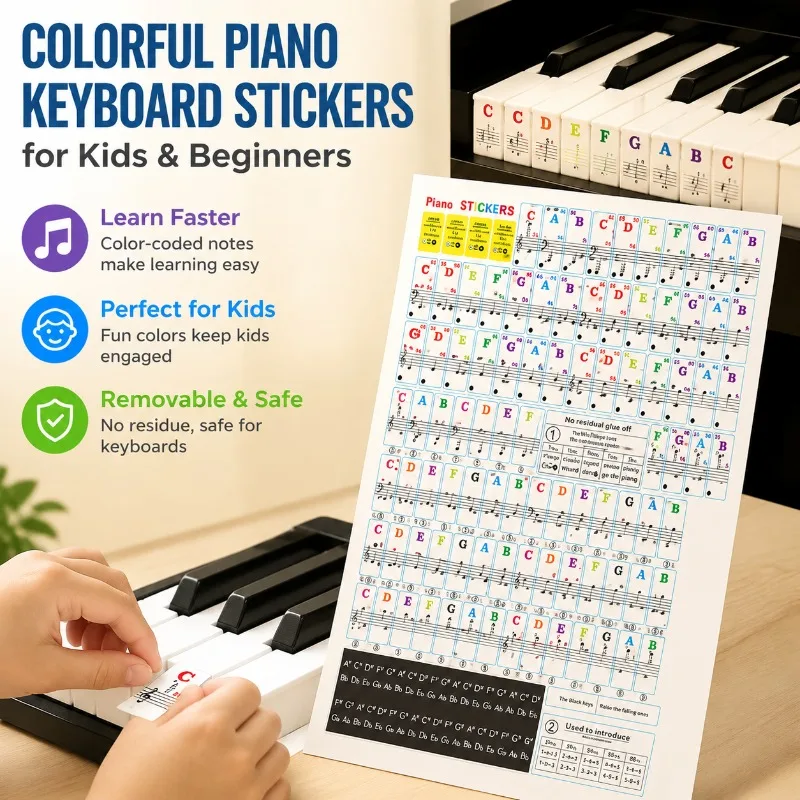 Colorful Piano Keyboard Stickers Staff Numbered Musical Notation Self-learning Key Labels Printed Note Names Solfège Mark