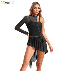 Womens Figure Skating Dress Lyrical Ballet Dance Gymnastics Leotard Sleeveless Asymmetrical Rhinestone Stage Performance Costume