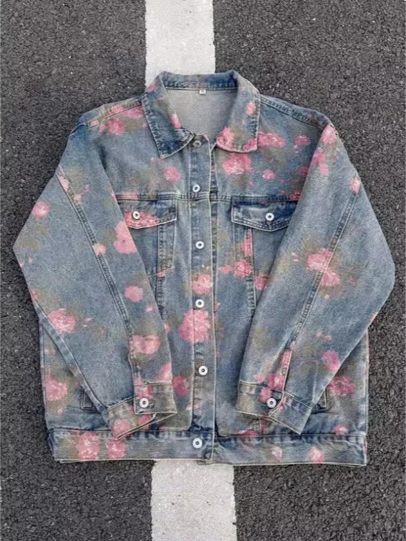 

Мужская джинсовая куртка Waed с цветочным принтом в американском стиле, весна-осень, повседневная верхняя одежда с длинными рукавами, молодежная мода