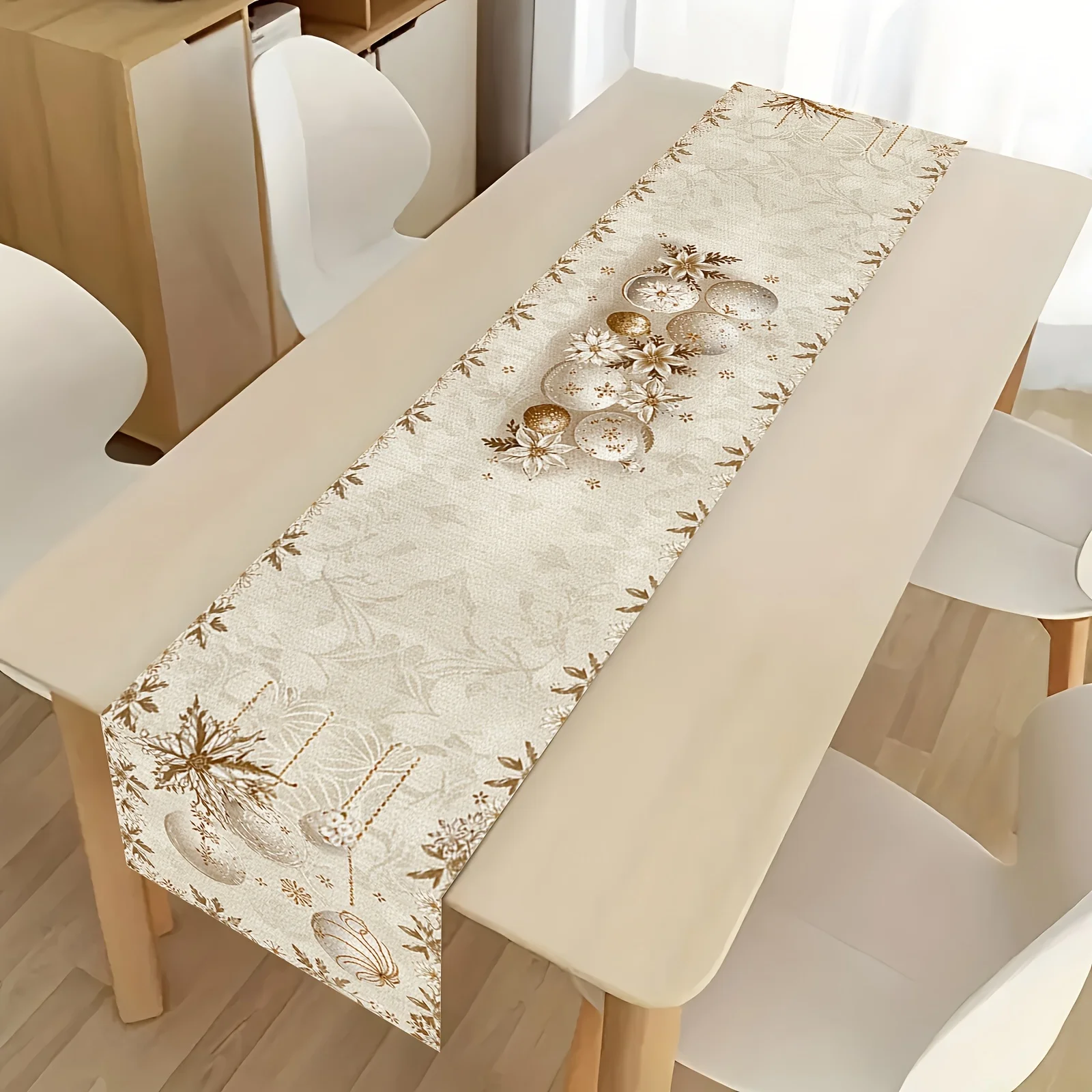 1 Christmas Ornament Poinsettia Table Runner 2D Printed Beige for Holiday Dining Table Decor Adding Elegant Festive to Christmas