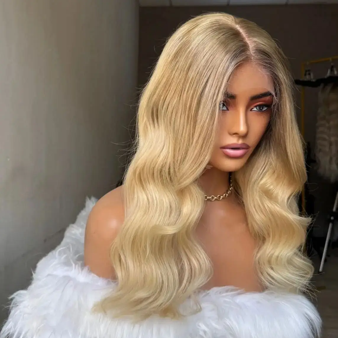 Premium Fibre Light Blonde Synthetic Lace Front Wigs With Shadow Roots Medium Length Natural Wave Realistic Look Haieline Hair
