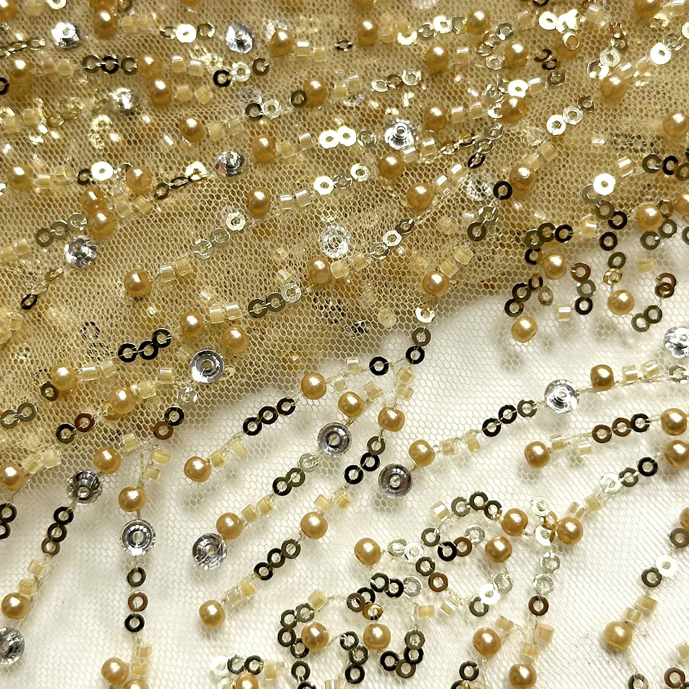 African handcrafted beaded mesh lace Fabric Nigerian French sequined beaded tulle lace fabric wedding party dress