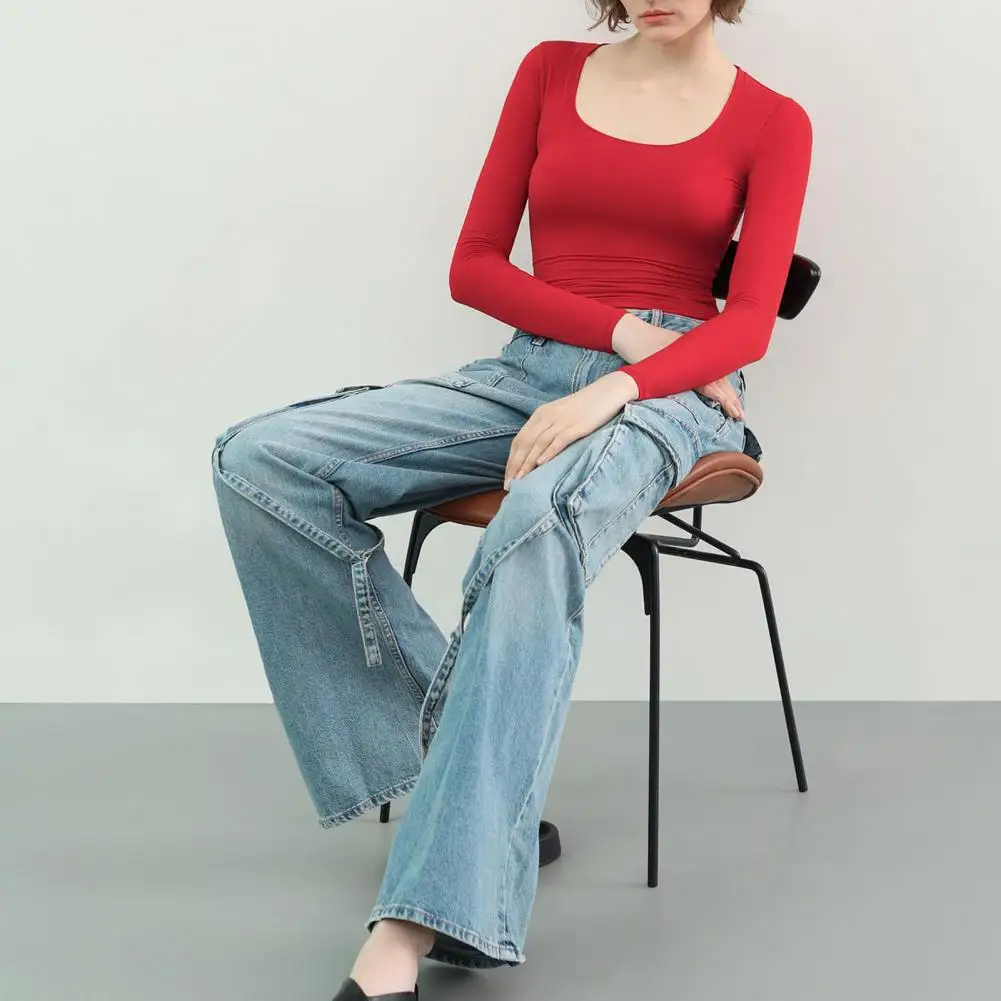 Top de mujer favorecedor de figuras, blusa versátil de manga larga con cuello redondo para mujer, jersey ajustado con alta elasticidad sólida