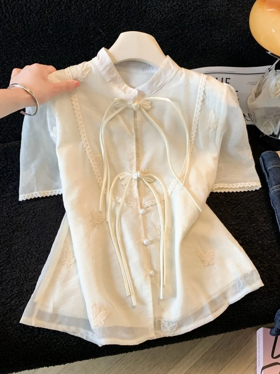 

New Chinese Style Lace Trim Shirt Short Sleeve Women Summer New Super Fairy Beautiful Thin Cloth Small Shirt Top Button