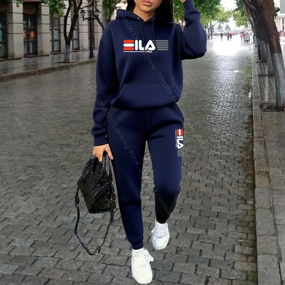 Women 2Pcs Urban Tracksuit High Quality Aesthetic Luxury Style Hooded Sweatshirt & Drawstring Jogger Pants Fall Winter Outfit