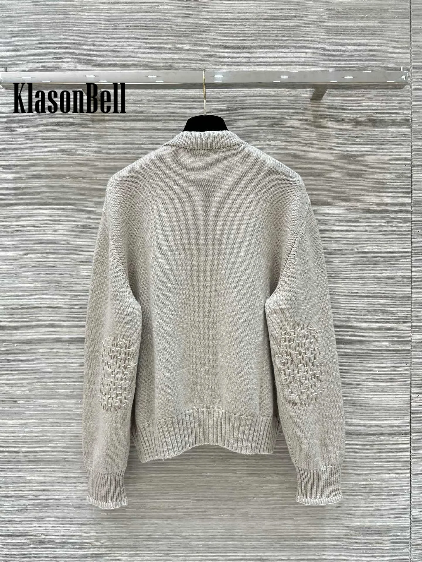 8.24 KlasonBell Women Classic Hand Stitched Embroidery Decoration Wool Cashmere Knit Simple Loose O-Neck Single Breasted Coat