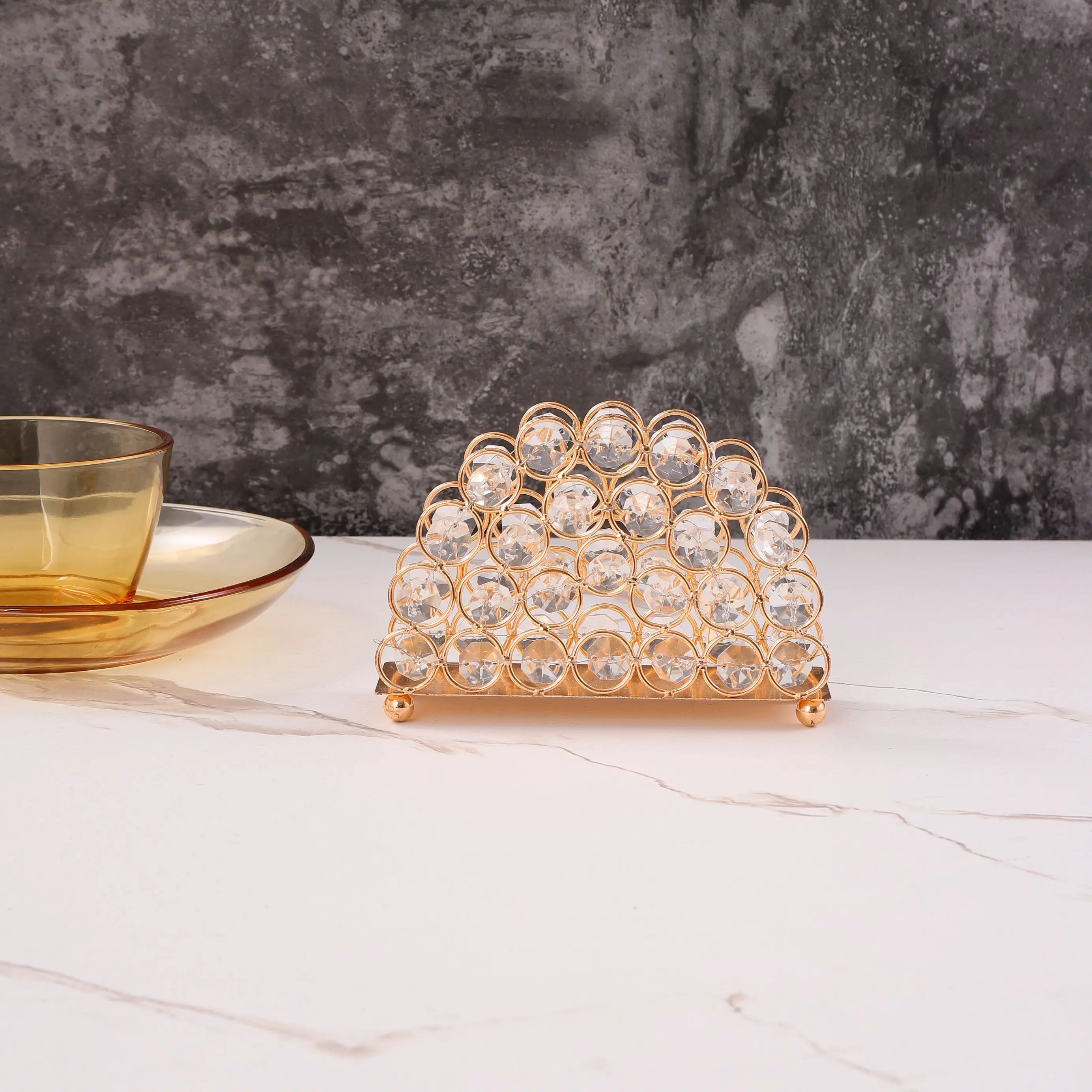 1pc Golden Crystal Napkin Holder Rhinestone Semicircle Napkin Holder For Table Decor,Gold Napkin Storage Rack For Dining Table