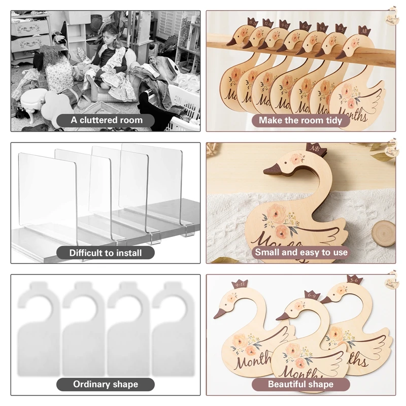 7Pcs/Set Baby Closet Dividers 24 Months Newborn Closet Dividers Wardrobe Organizers  Infant Wooden Swan Shape Clothes Dividers