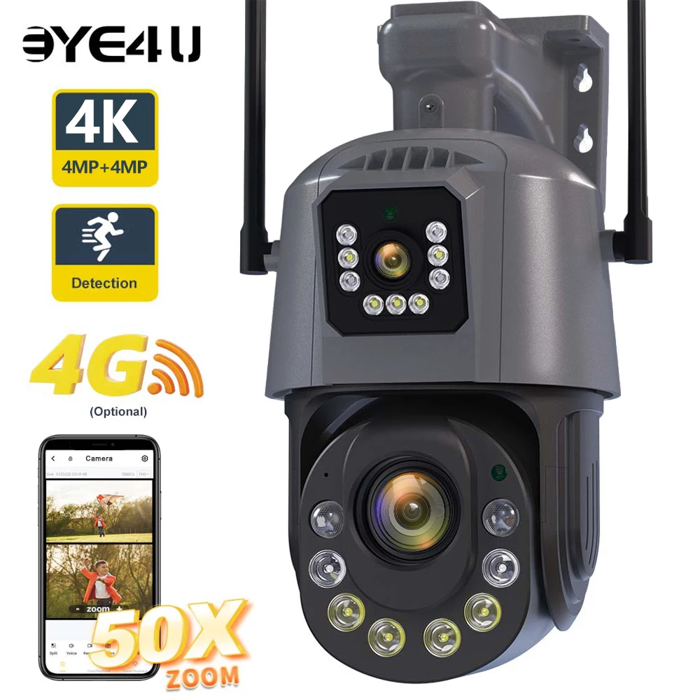 4K 8MP WiFi IP Camera 50X Optical Zoom Dual Screens Outdoor PTZ Security Cam Human Detection Video Surveillance 4G Cameras iCSee