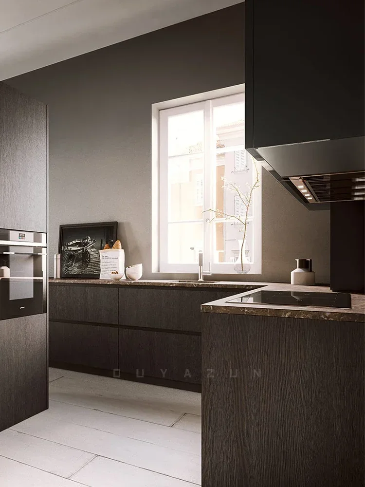 Solid wood veneer integral cabinets customized dark wood grain kitchen cabinets