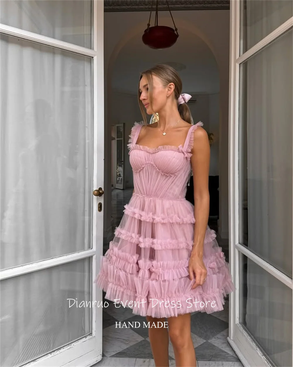 Dianruo تول طبقات الكشكشة فساتين لحضور الحفلات الموسيقية طول قصير ألف خط فستان العودة للوطن أنيق بدون حمالات رداء دي كوكتيل مخصص