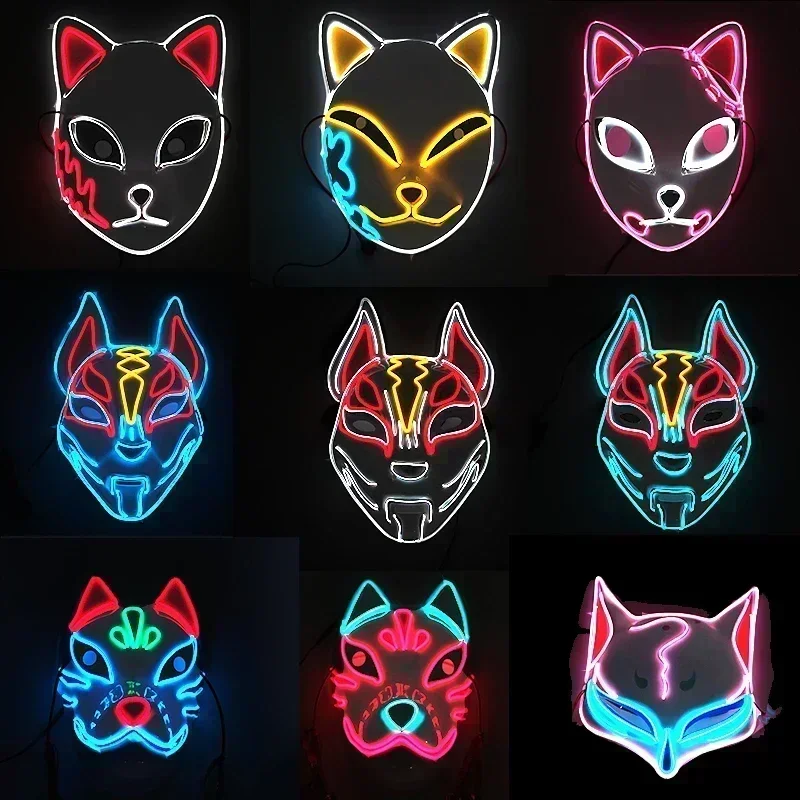 Cosplay Mask LED Fox Mask for Halloween Christmas Glowing Demon Slayer Mask  Japanese Cartoon Neon Light Samurai Luminous Mask