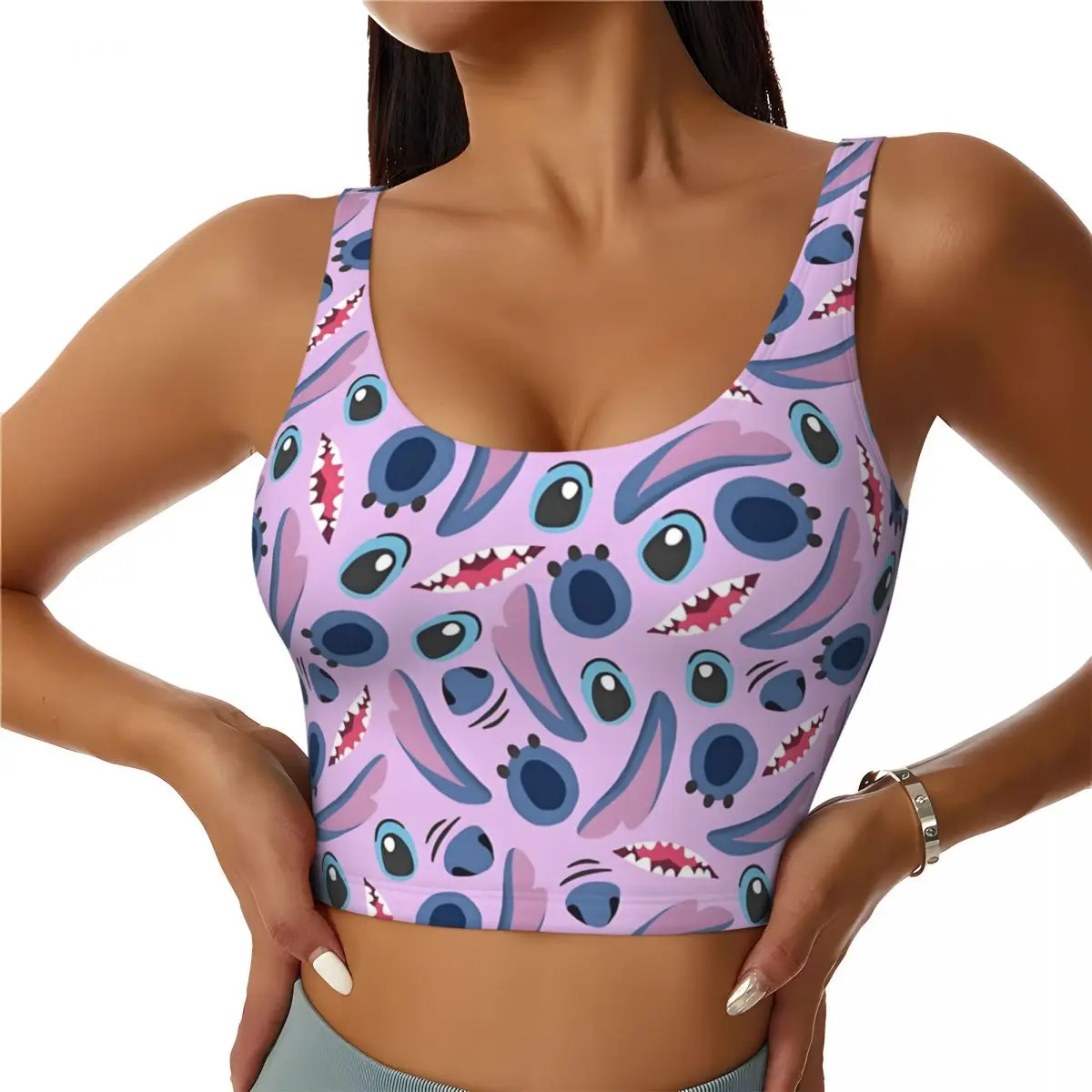 Camisetas sin mangas cortas de entrenamiento de película de dibujos animados de Lilo Stitch personalizadas para mujer, sujetadores deportivos de Manga sin costuras para correr y Yoga