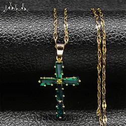 Vintage Green Zircon Simple Cross Necklace For Women Stainless Steel Chain Luxury Pendant Exquisite Necklaces Jewelry Gifts