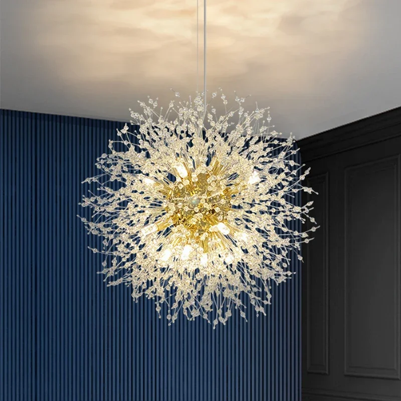 Dandelion Crystal Chandelier Lighting Modern Silver LED Pendant Lamp Dining Room Decor Ceiling Lustre Bedroom Suspension Lampara