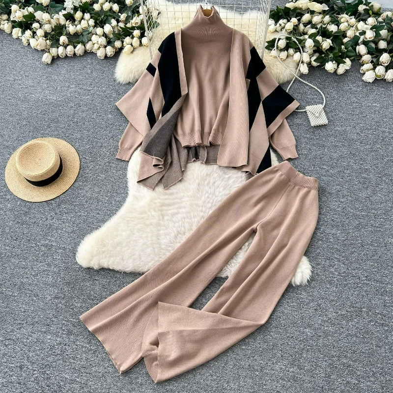 

Women Print Two Piece Pant Sets Capes Turtleneck Sweaters Wide Leg Pants Knit Casual Spliced Sweater Suit Autumn Winter