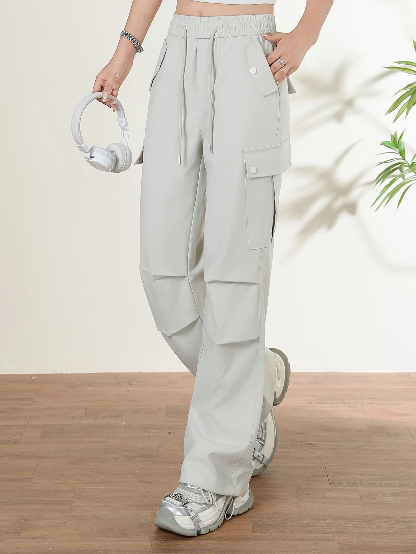 

Брюки для спецодежды цвета хаки, женские весенне-осенние свободные прямые повседневные брюки с высокой талией и широкими штанинами, спортивные брюки Qui Dry Multi kets