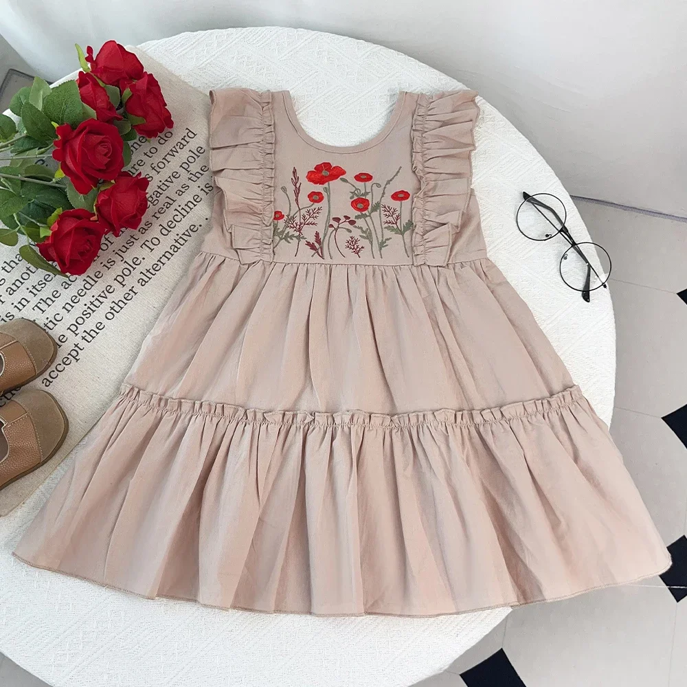 Khaki Round Neck Pleated Sleeveless Floral Embroidery Casual Dress for Girls Aged 3-7 Daily Wear Summer Promotion