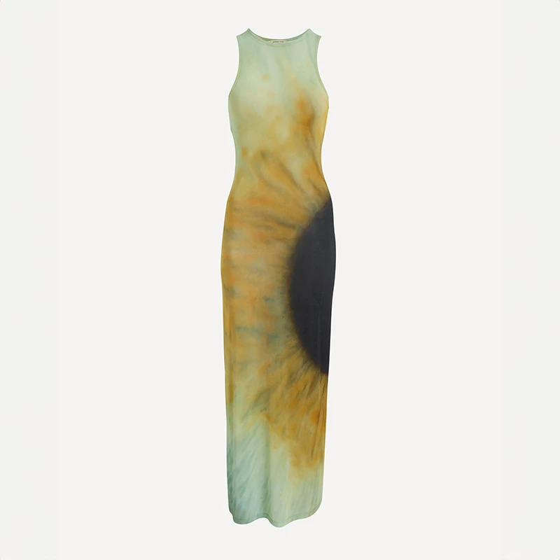 Robe maxi imprimée à effet nickel é de fibres semi-transparentes pour femmes, robe en maille pour tambours commandés, tenue de plage de vacances d'été