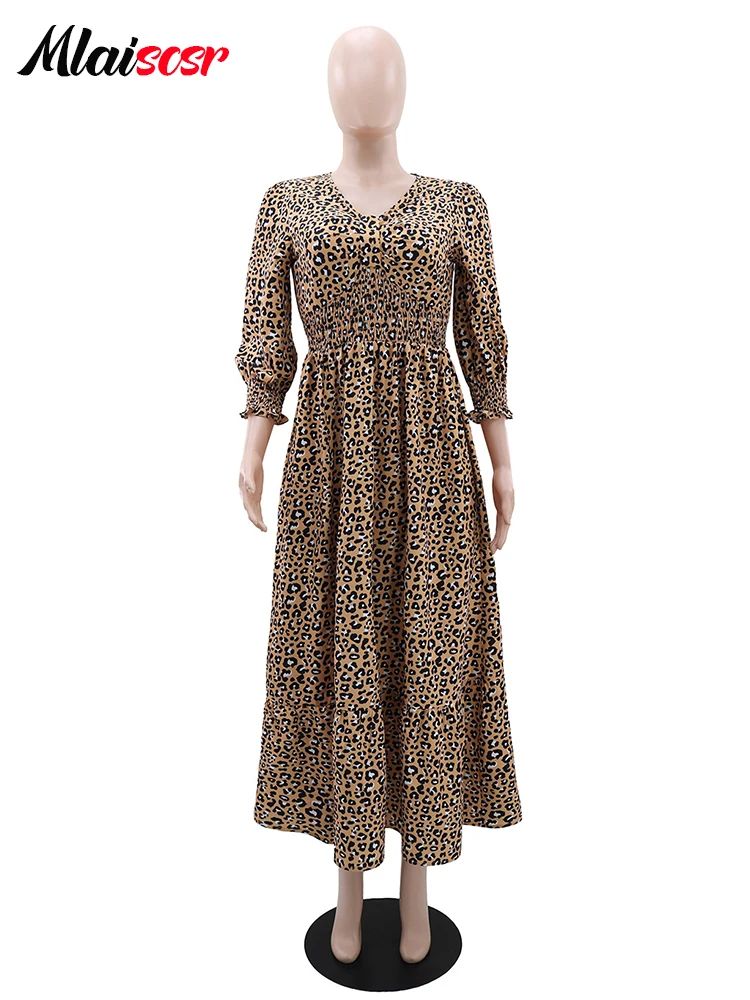 Mlaiscsr Abito a maniche lunghe con scollo a V con stampa leopardata per le donne Sexy allentato a vita alta con spacco Elegante festa di compleanno Boho Fashion Vestido