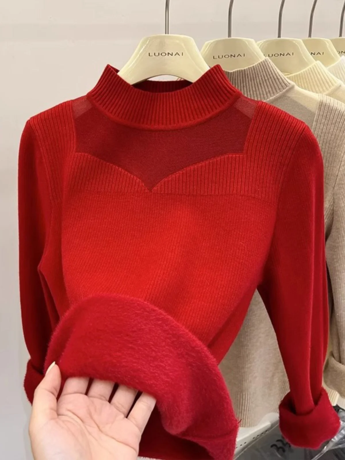 Thiened f High Collar Net Splicing Sweater Women's Autumn Winter Inner Wear One-Piece Fce Design Versatile Slimming B...