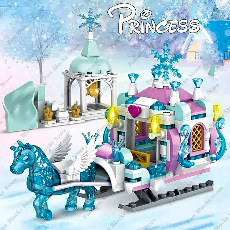 Ice Castle Playground House para meninas, Figuras do cavalo de neve, Blocos de construção, Carriage Set, Luxury Princess, Amigos quentes, Filmes, Inverno