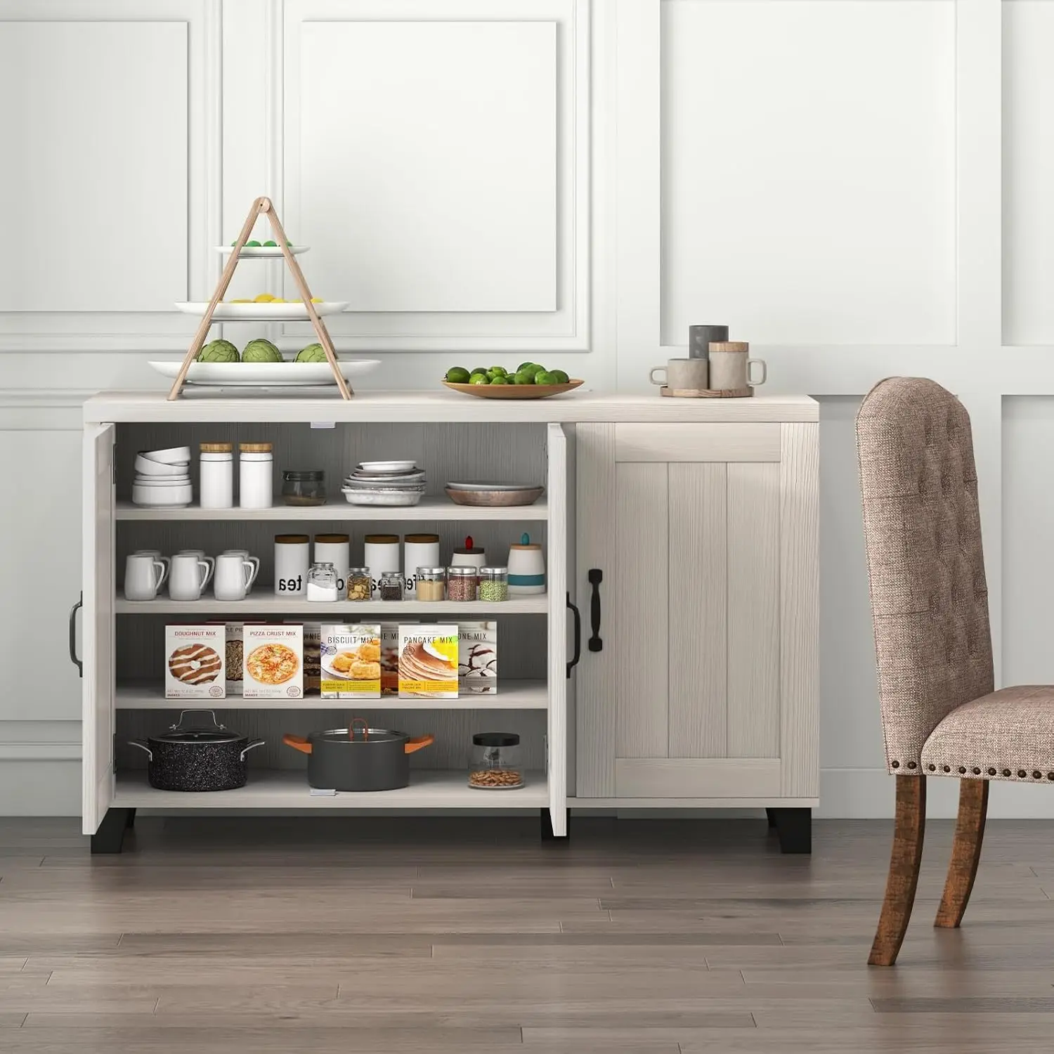 Buffet Cabinet Kitchen Storage Cupboard - 3 Door Sideboard with Adjustable Shelves, Cable Management Holes