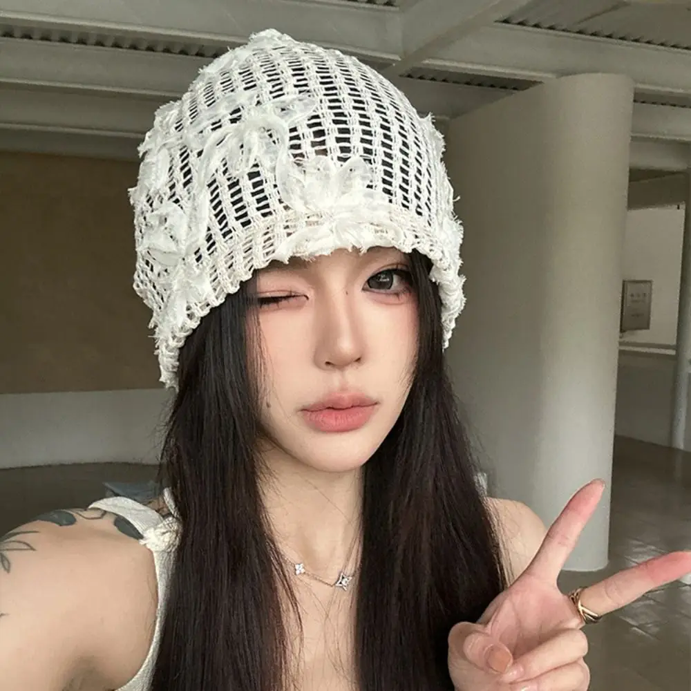 أزياء اليدوية زهرة الكروشيه قبعة لطيف الجوف خارج الدانتيل قبعة صغيرة الكورية رقيقة زهرة محبوك قبعة الفتيات #2