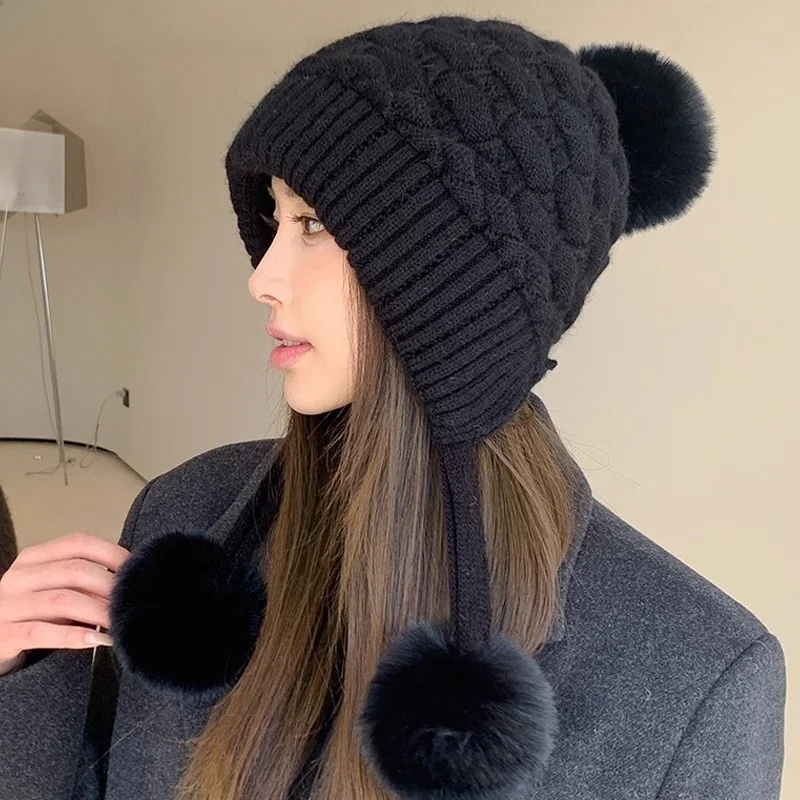 monstar-women's-knitted-fleece-lined-rabbit-fur-hat-winter-warm-ear-protection-face-cover-three-ball-hat-lazy-style-cap
