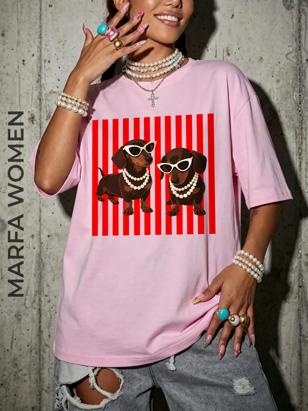 Pearl Dachshund Hundemotiv T-Shirts Baumwolle Damen Sommer Kurzarm T-Shirt Lässige Weiche Oversized Tops Basic O-Ausschnitt Kleidung – Detail 15