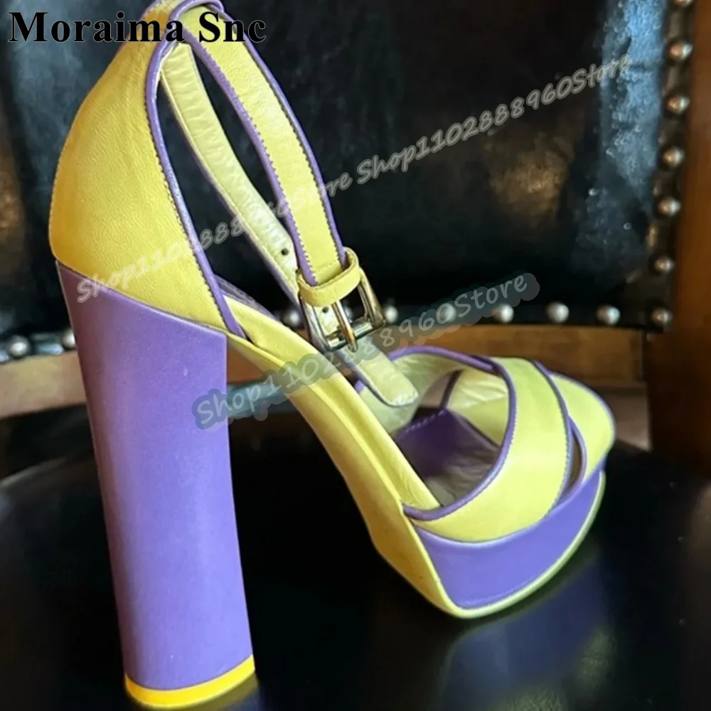

Yellow And Purple Platform Cross Strap Sandals Chunky High Heel Shoes For Women Ankle Buckle Strap Peep Toe Zapatos Para Mujer