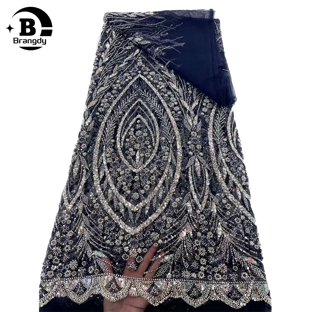 

African French Sequined Lace Fabric 2024 High Quality Groom Lace 5 Yards Nigerian Beaded Embroidered Material For Party Wedding