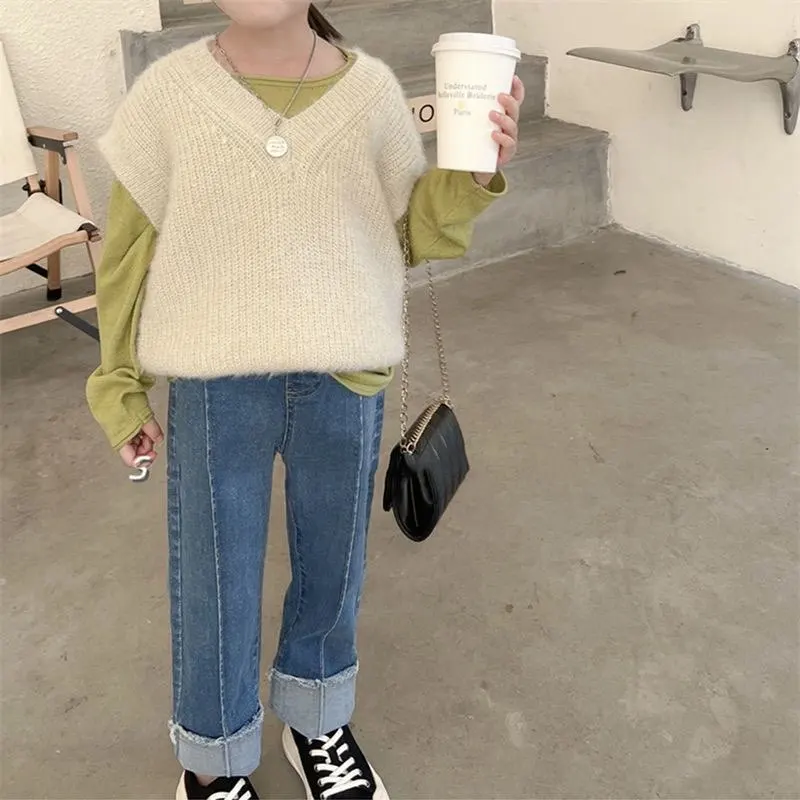 Girls' Jeans Spring and Autumn New Korean Fashion Children's Flip Up Versatile Straight Pants