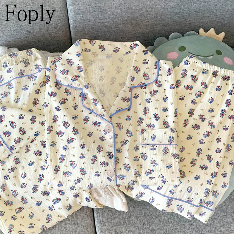 

Three-Piece Woman Pajamas Set Purple Floral Print Spring Summer Wrinkled Cloth Pyjama Short Sleeve Pants Pijama Mujer Loungewear