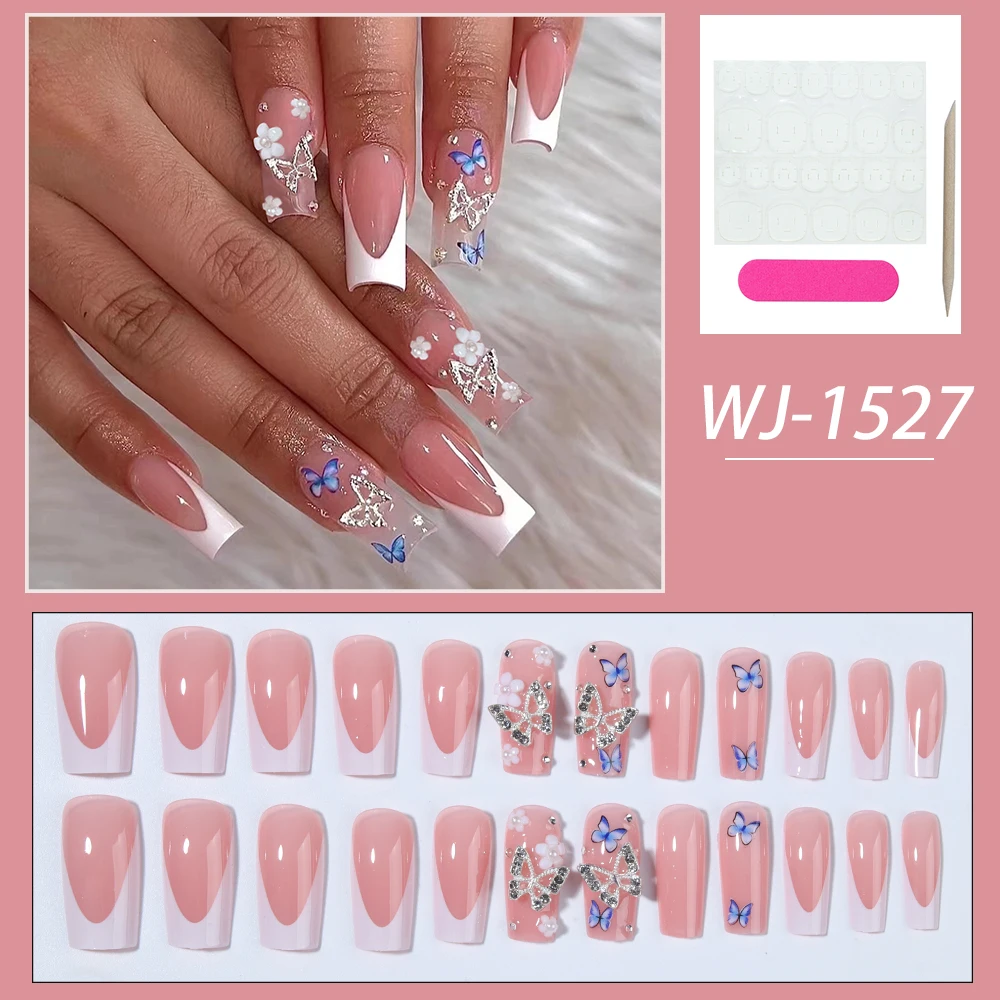 Get Glamorous with, 24 Uds. De mariposa de aleación 3D, cuadrado, blanco, acrílico francés, puntas de uñas, flor 3D con perlas de diamantes de imitación