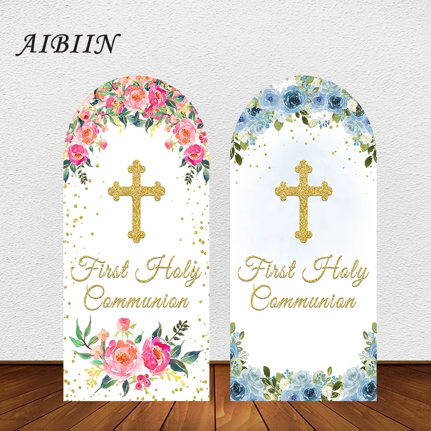 AIBIIN Arch Backdrop Cover Gold Cross God Bless Kids First Communion Christening Party Decor Photography Background