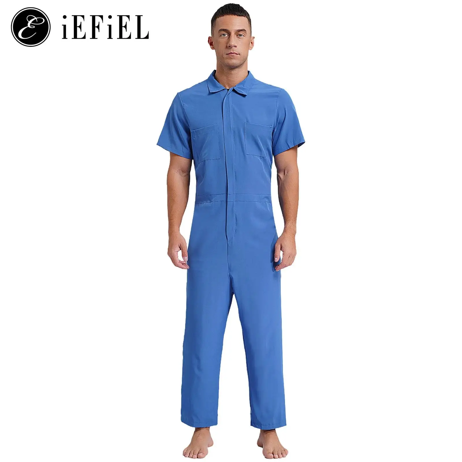 

Men Work Overall Jumpsuits Solid Color Short Sleeve One Piece Bodysuits Mechanic Working Uniform Medical Lab Protective Suits