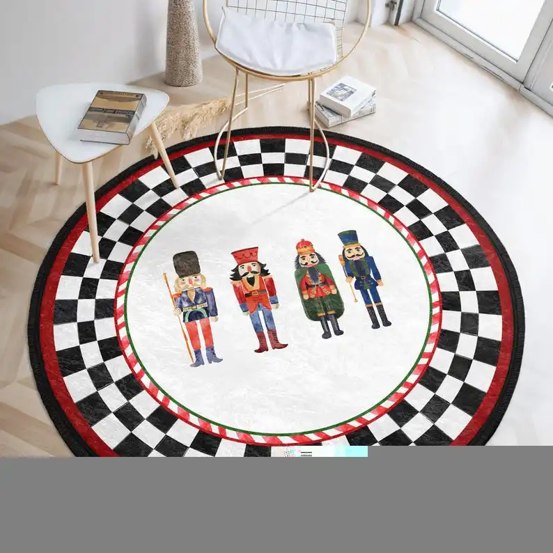 

Круглый ковер с изображением Щелкунчика и клетчатой каймой, красочный рождественский праздничный круглый ковер, праздничный коврик для рождественского домашнего декора