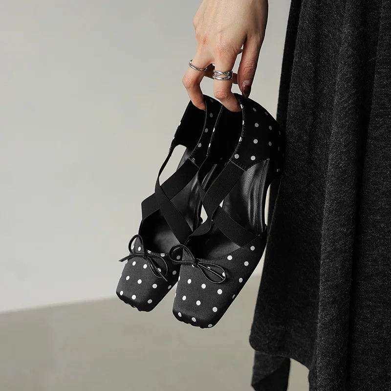 2026 new summer women sandals natural leather 22-25cm polka dot satin+sheepskin+pigskin square toe cross-strap women shoes view 4