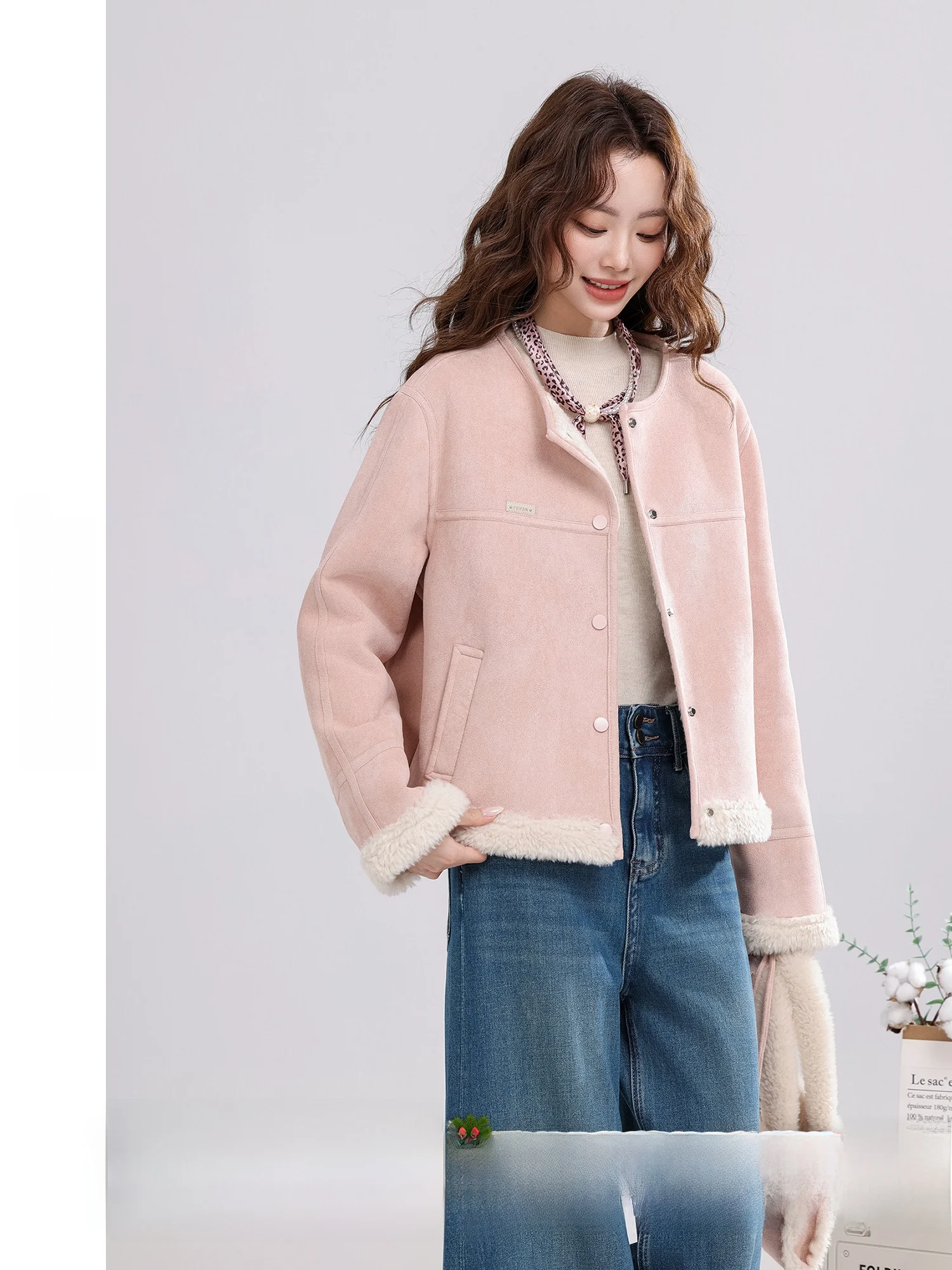 

Теплая замшевая шуба, женская винтажная розовая шуба из натуральной кожи и меха с воротником-стойкой, длинная термобелье Sve