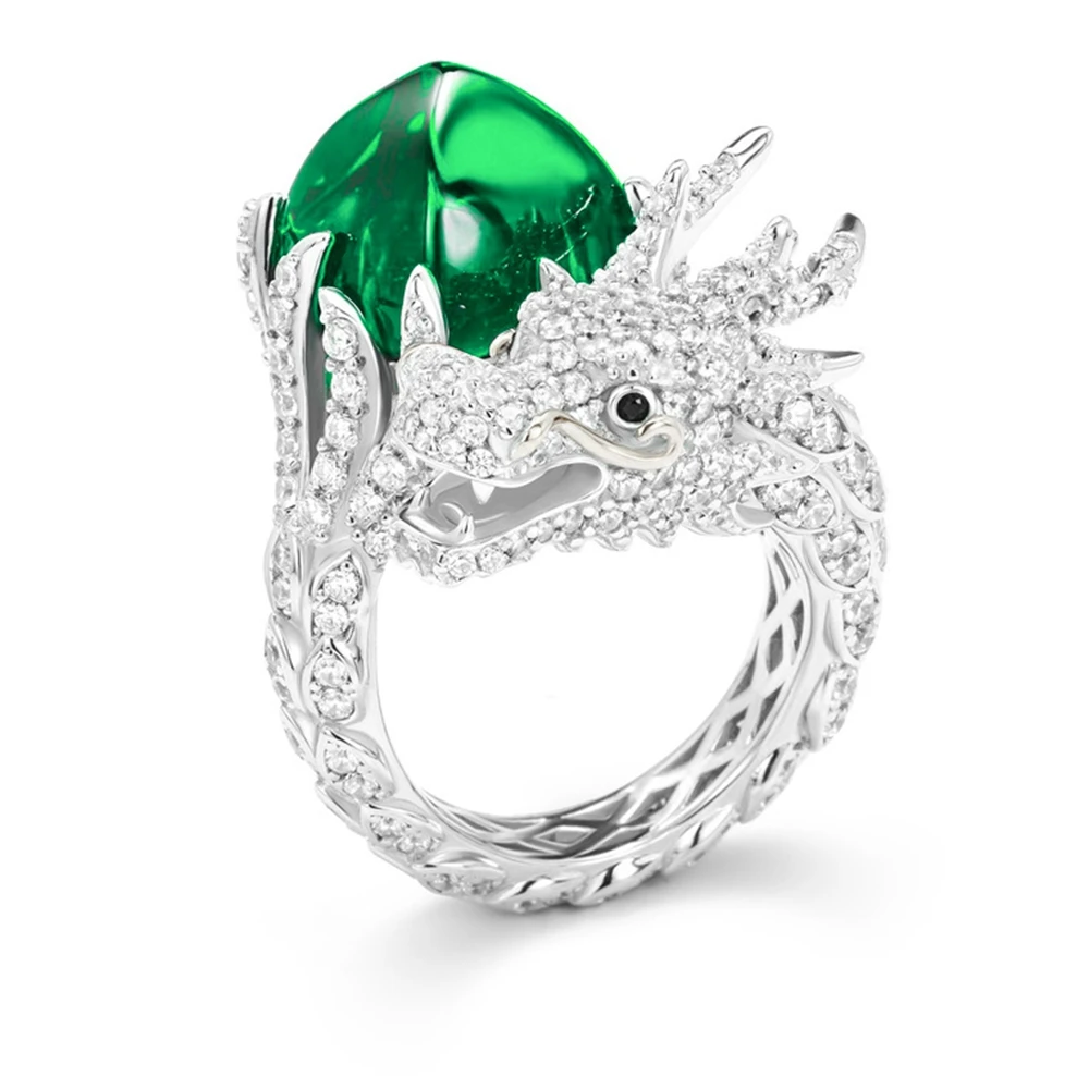 AYJEWELRY Real 925 Sterling Silver Dragon Shaped Open Ring With Ruby Red Emerald Green High Carbon Diamond Stone For Women Men