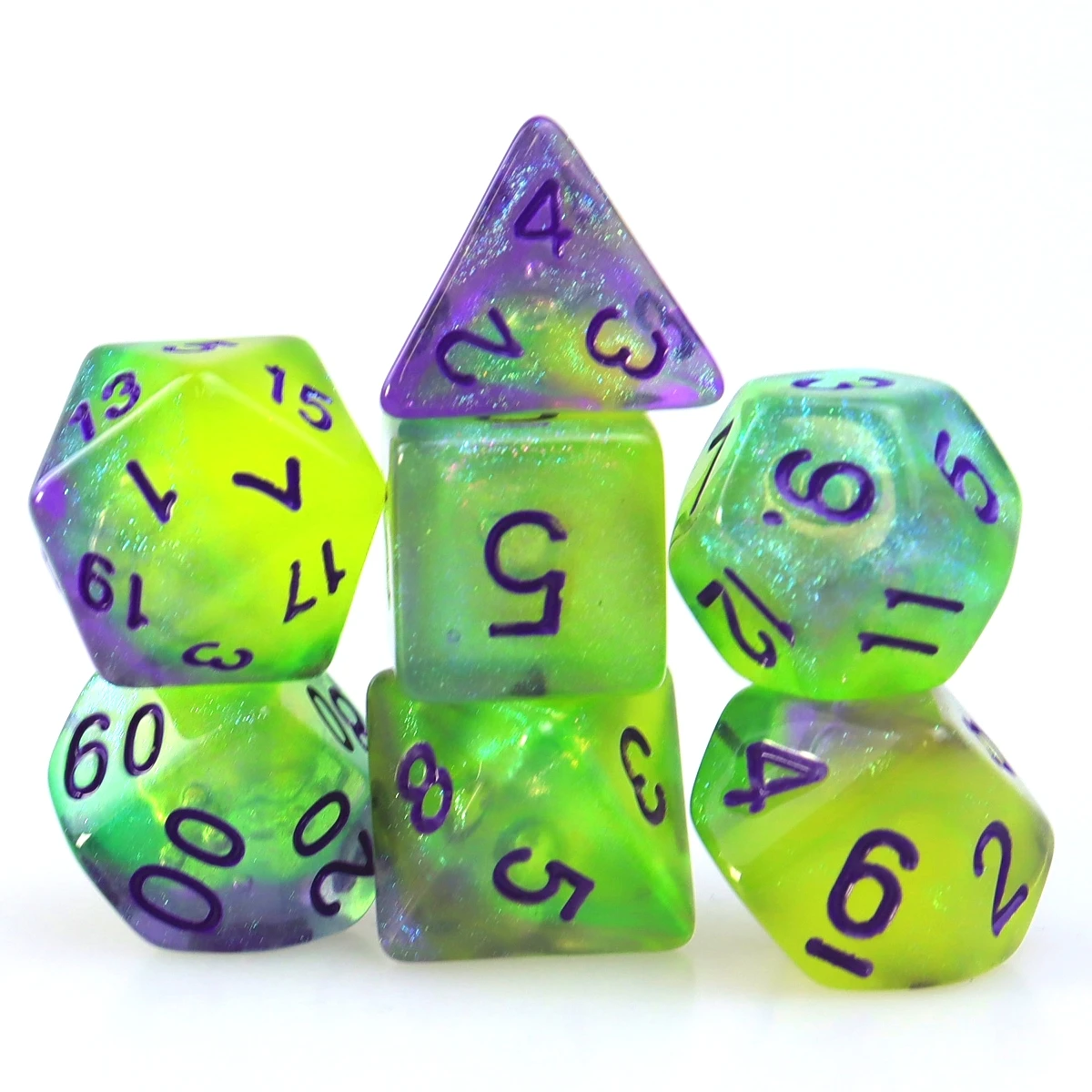 7pcs purple green yellow plus glow-in-the-dark, dice set, game accessories dice, glow-in-the dark dice, board game supplies, lei