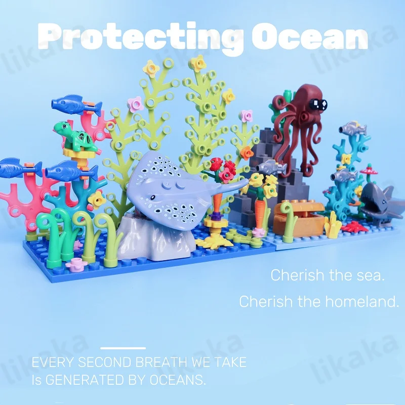 Underwater World Sea Animals Building Blocks Toys MOC Rays Turtles Fish Octopus with Water Plants Blocks Set DIY Toys for Kids