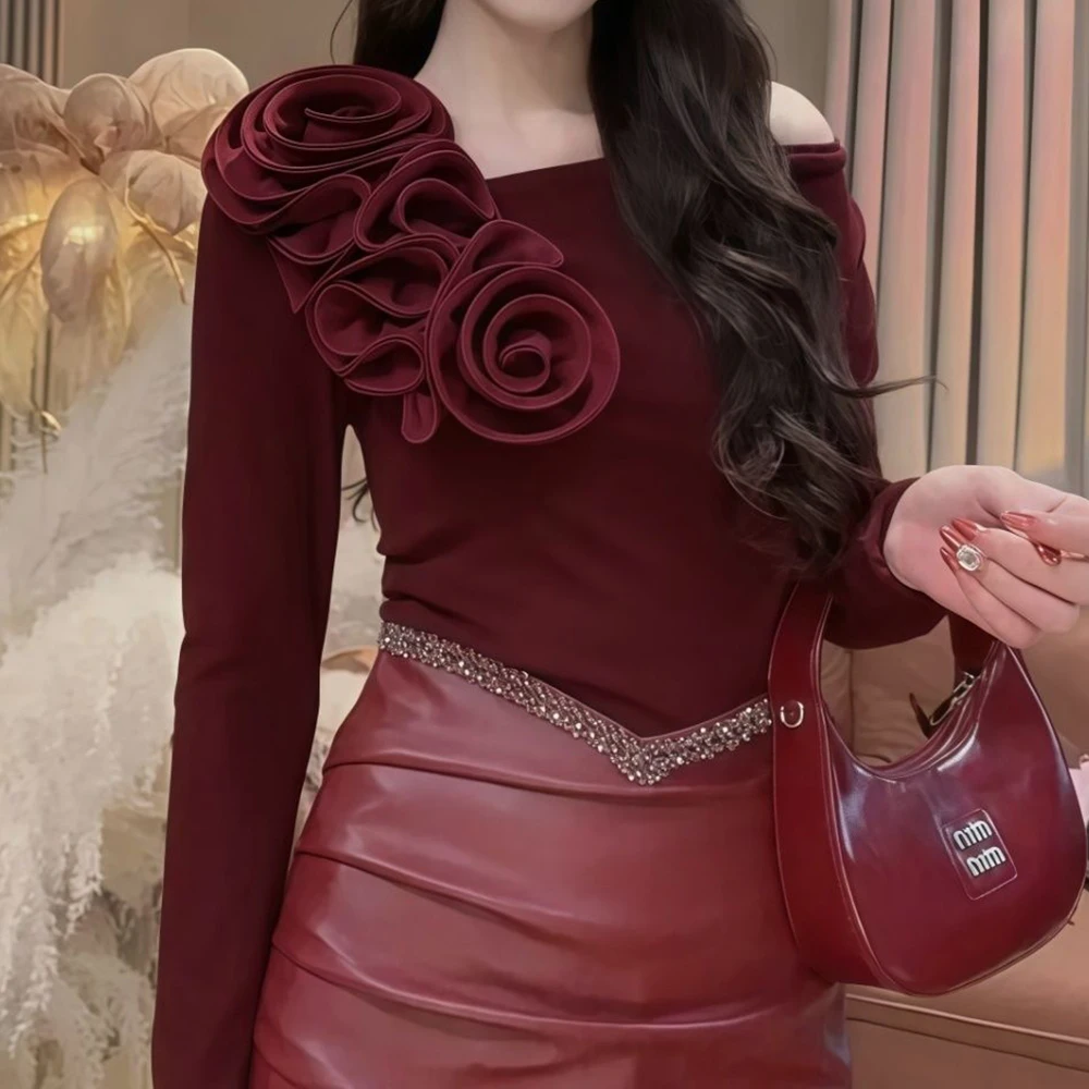 

This autumn's oblique collar elegant light ripe lady senior heavy industry three-dimensional flower fashion design top women