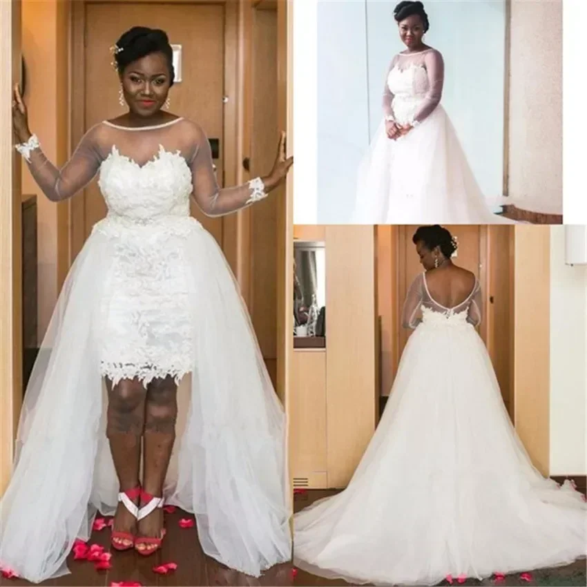 Customized Long Sleeves Lace Wedding Dress With Removable Skirt Train Tulle African Backless Brial Gowns