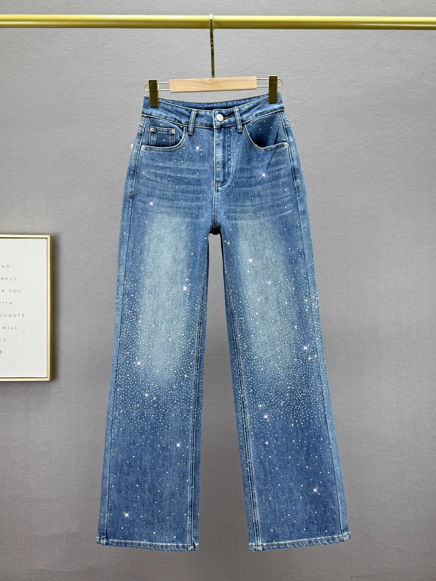 

Heavy Du Rhinestone Denim Jeans Women's High Waist Straight Leg Stretchy Slimming European Sle Spring New Arrival