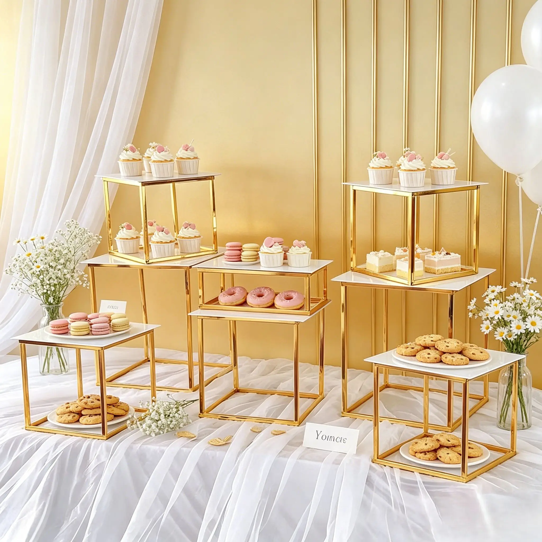 Shiny Golden Metal Cube Cake Frame Acrylic Cover Tray Graduation Party Wedding Birthday Buffet Dessert Table Centerpiece Decor